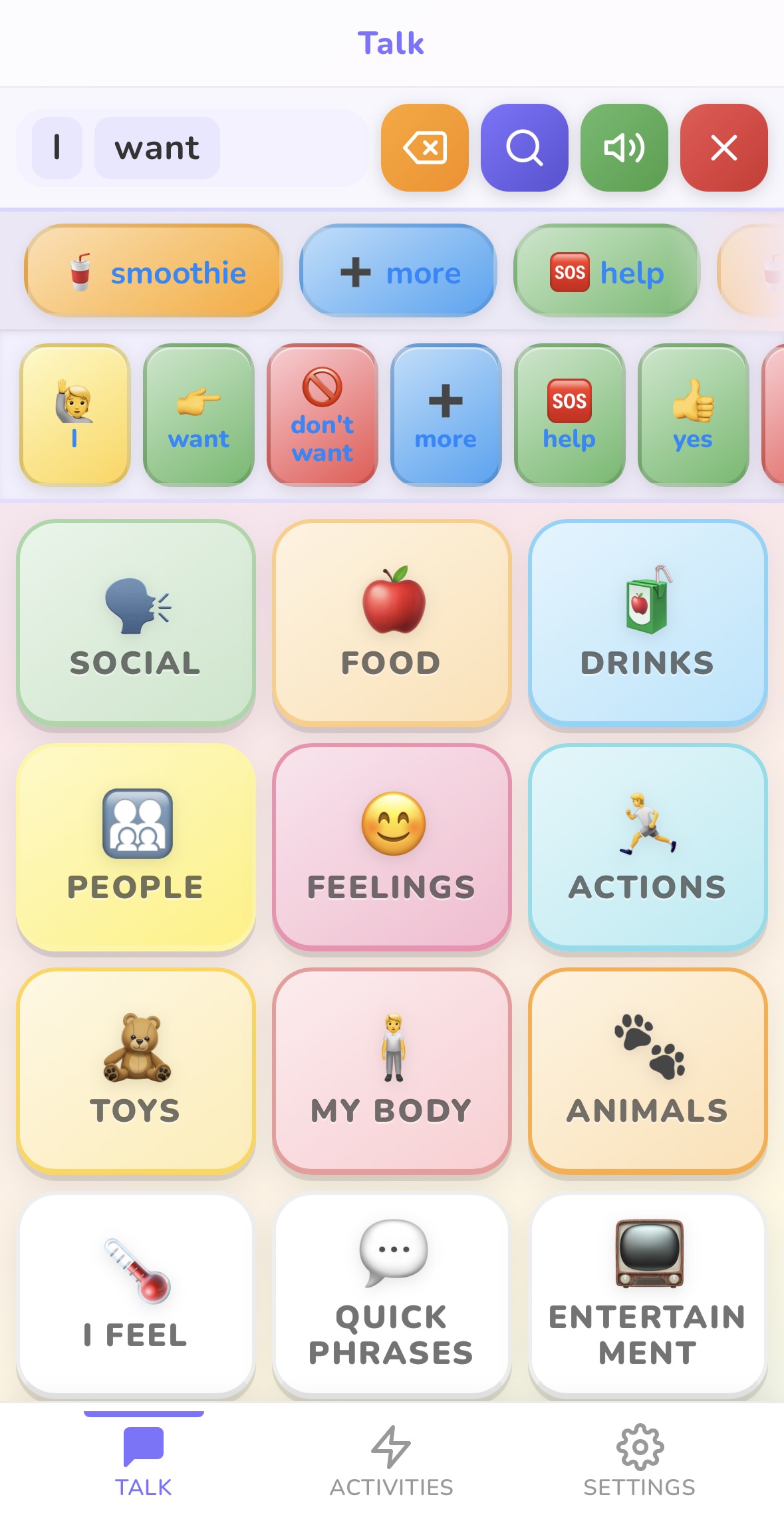 Yappie AAC board showing colorful word categories and sentence builder